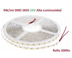 Tira LED Flexible 24V 9W/mt 120 Led/m SMD 2835 IP20 Alta Luminosidad, rollo 20mts